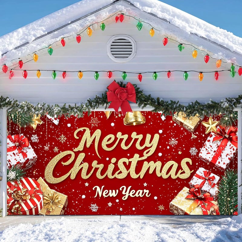 IVN Christmas Garage Door Cover Decoration 13x6ft Red Glitter Wrapped Gifts Golden Bells Snowflakes Merry Christmas Winter Garage Door Banner Home Door Front Yard Decor for Xmas Eve Holiday Outdoor - Image 5